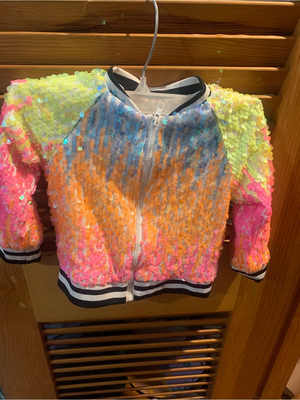 Neon Sequin Bomber Jacket Striped Trim Zip Up Girls Size 2XS